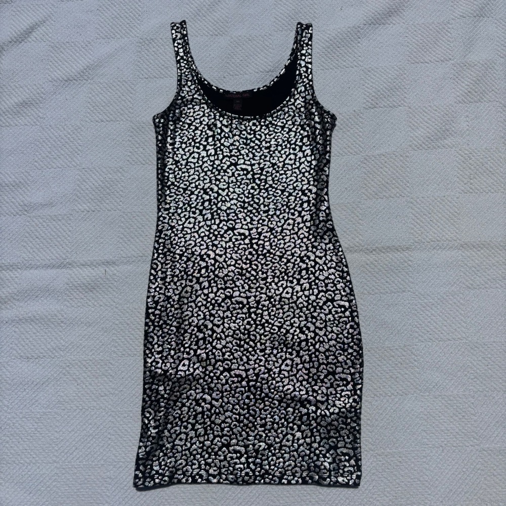Women's XS Y2K Material Girl Black Silver Leopard Mini Club Bodycon Sexy Dress